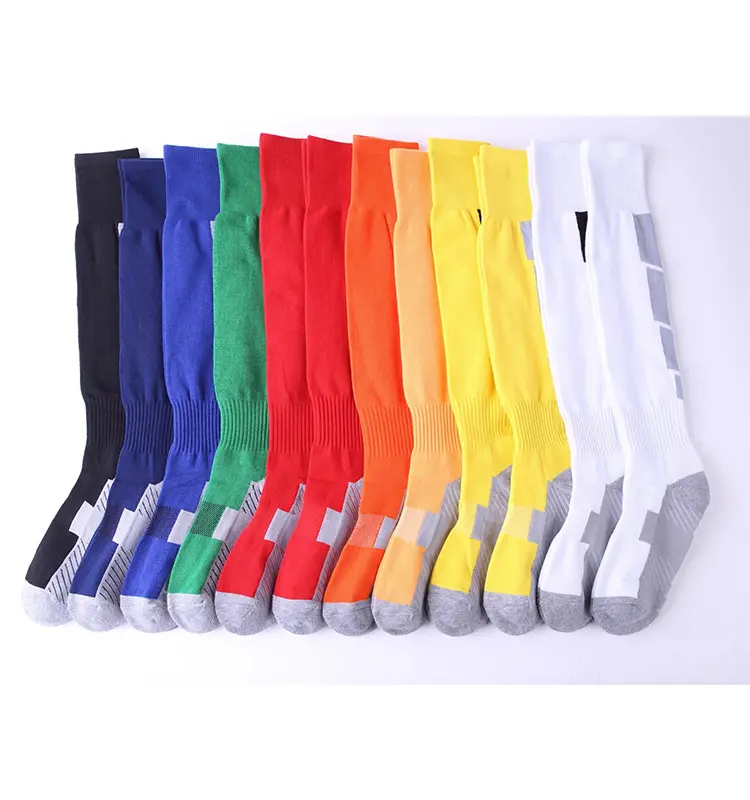 Non-slip Solid Color Polyester Football Socks In Stock Custom Logo Knee Long Soccer Socks