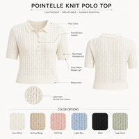 Polo de punto calado para mujer, manga corta, suéter de verano con solapa corta, top de ganchillo al por mayor