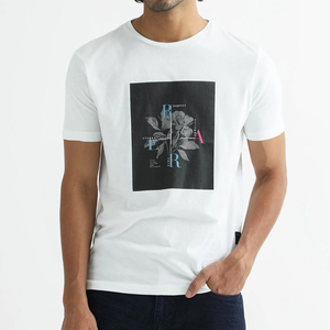 T-shirt blanc à manches courtes pour homme avec motif abstrait coloré peint à la main, col rond, coupe classique, style décontracté - Product Image 3