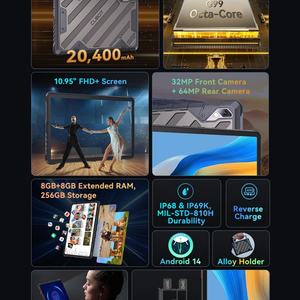 Tablette robuste Cubot Tab Kingkong 2, processeur octa-core, nouvelle batterie 20400 mAh, écran 1080p de 10,95 pouces, 8+256 Go, Android 14, Wi-Fi, Face ID + caméra arrière 64 MP - Product Image 4
