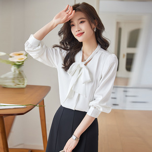 Women's White Long Sleeve Blouse With Ribbon Bow Solid Color Work Shirt For Office Commute - Product Image 4