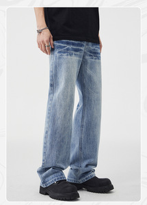 Pantalones vaqueros de corte recto de calle alta americana para <span class=keywords><strong>hombre</strong></span> Cleanfit Lightning Crack Wash and Tie Flower Pantalones de tela vaquera sólida Jeans para <span class=keywords><strong>hombre</strong></span> - Product Image 3