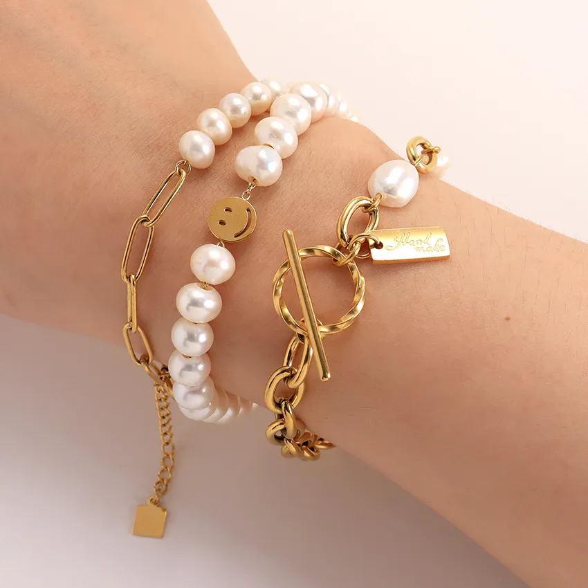 2022 Summer Bracelets Women Stainless Steel Chain Smiley Face Charms Fine Jewelry Bracelets Bangles Freshwater Pearl Bracelet