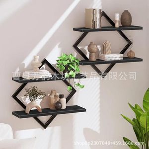 Iron Diamond Shaped <b>Wall</b> <b>Shelf</b> With Wooden <b>Shelves</b> Metal Frame 2 Layer <b>Wall</b> <b>Mounted</b> Storage Rack For Bathroom Living Room - Product Image 4