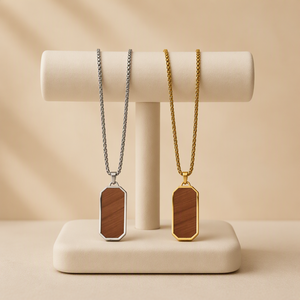 Collar Unisex <span class=keywords><strong>de</strong></span> Acero Inoxidable 316L Chapado en <span class=keywords><strong>Oro</strong></span> PVD <span class=keywords><strong>de</strong></span> 18K, Colgante Geométrico Rectangular con Incrustaciones <span class=keywords><strong>de</strong></span> Madera Natural, Joyería Personalizada - Product Image 1