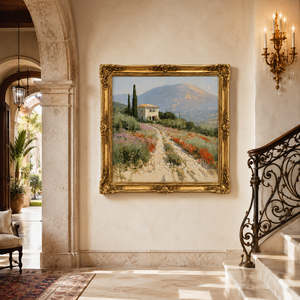 Pintura al Óleo de Villa <span class=keywords><strong>Toscana</strong></span>, Paisaje Campestre con Flores Silvestres, Hecha a Mano, Tamaño Personalizado, Lienzo con Marco Dorado, Arte de Pared para Hotel o Resort - Product Image 4