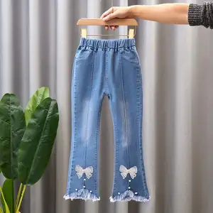 Calça jeans feminina primavera outono 2024 estilo ocidental calcinha de sino macio para crianças meninas