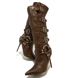 Custom Metal Buckles up High Slim Heels Women Knee High Boots Western Styles Pointed Toe Mid Calf Booties on Brown <b>Shoes</b> - Product Image 4