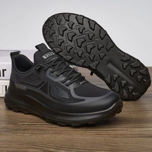Chaussures de marche en maille noire pour hommes, bout rond, semelle extérieure en caoutchouc, respirantes, antidérapantes, amorties, pour les trajets quotidiens, chaussures décontractées - Product Image 2