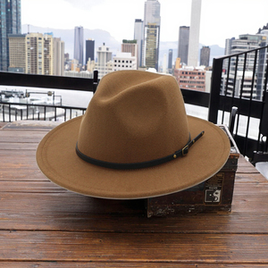 Sombrero Panamá clásico de ala ancha personalizado para hombre y mujer, sombreros Fedora al por mayor con diseño de hebilla de cinturón de cuero PU - Product Image 1