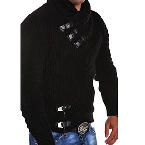 Suéter Masculino Clássico de Outono Inverno com Gola Drapeada e Fivela Assimétrica, Manga em Tricô Trançado, Corpo Canelado, Tricô Grosso, Caimento Regular - Product Image 3