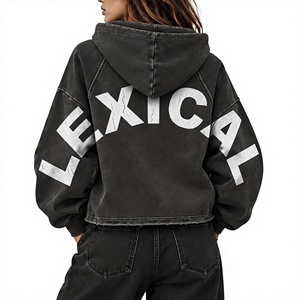 Sudadera con Capucha Oversize Negra Lavada Estilo Vintage con Estampado de Letras, Dobladillo Deshilachado, Corta, Unisex, Estilo Urbano con Bolsillo 340g - Product Image 1