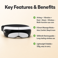 Masseur oculaire multifonctionnel rechargeable avec compression d'air, chaleur, vibrations et musique pour la fatigue oculaire, massage spa pour les yeux