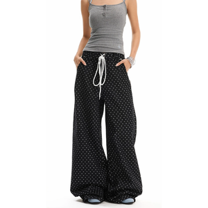 Pantalones vaqueros de mezclilla de pierna ancha recta con cordón en la cintura para mujer, estilo vintage con lunares, para uso diario y trabajo, venta al por mayor - Product Image 1