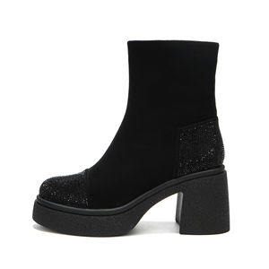 Y91259 Women Ankle Boots Chunky <b>Heel</b> <b>Round</b> <b>Toe</b> Rhinestones Fashion Autumn Winter Anti Slippery Microfiber Solid Color - Product Image 5