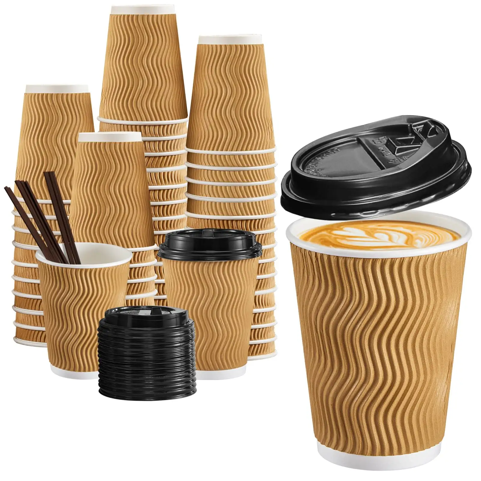 Copos de café descartáveis revestidos com água com tampas e canudos paredes isoladas para café, copos de papel ondulados para café