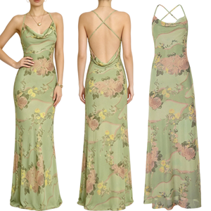 Green Floral Print Pleated Neckline Spaghetti Strap Maxi Dress Summer Beach Vacation Bohemia Elegant Backless <b>Long</b> <b>Slip</b> Dress - Product Image 1