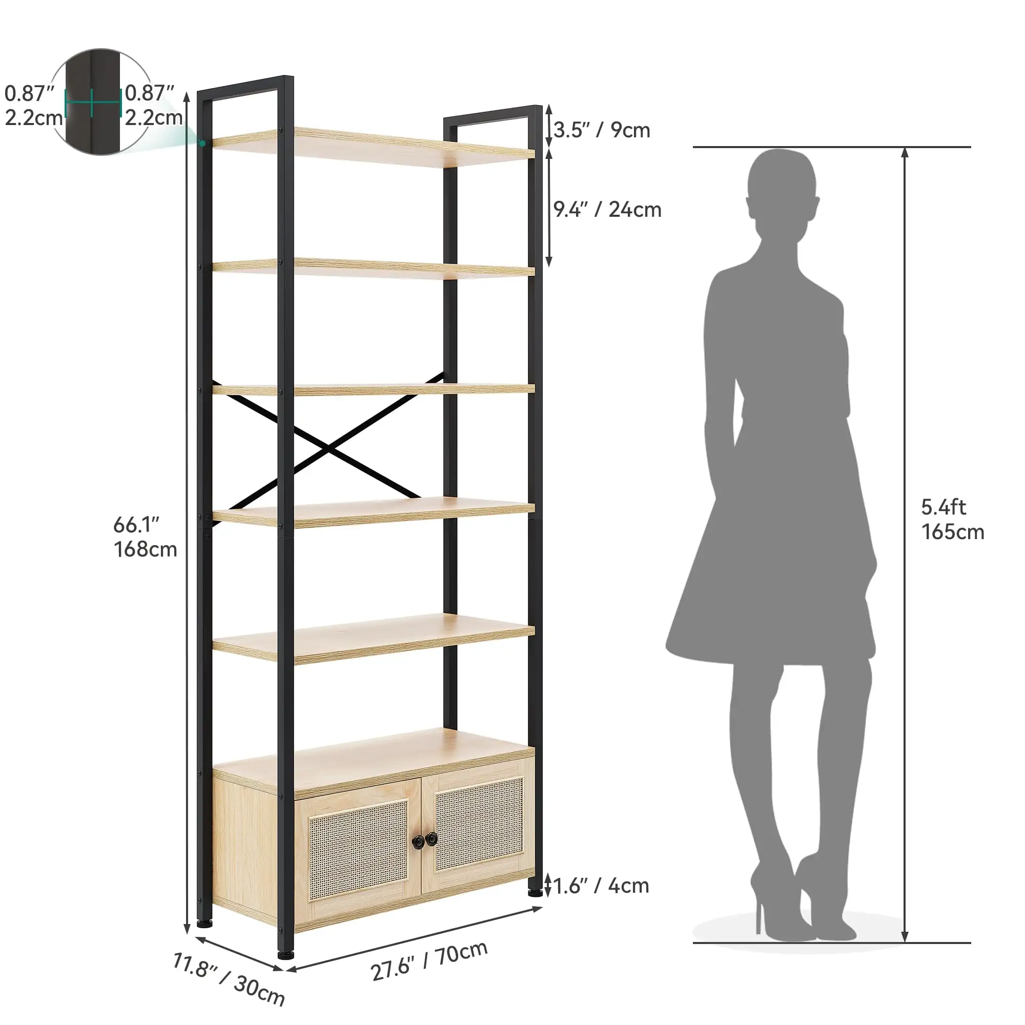 Industrial Bookshelf with Cupboard Freestanding Storage Cabinet with 5 Shelves Large Shelving Unit,Bookshelf with 2 rattan doors