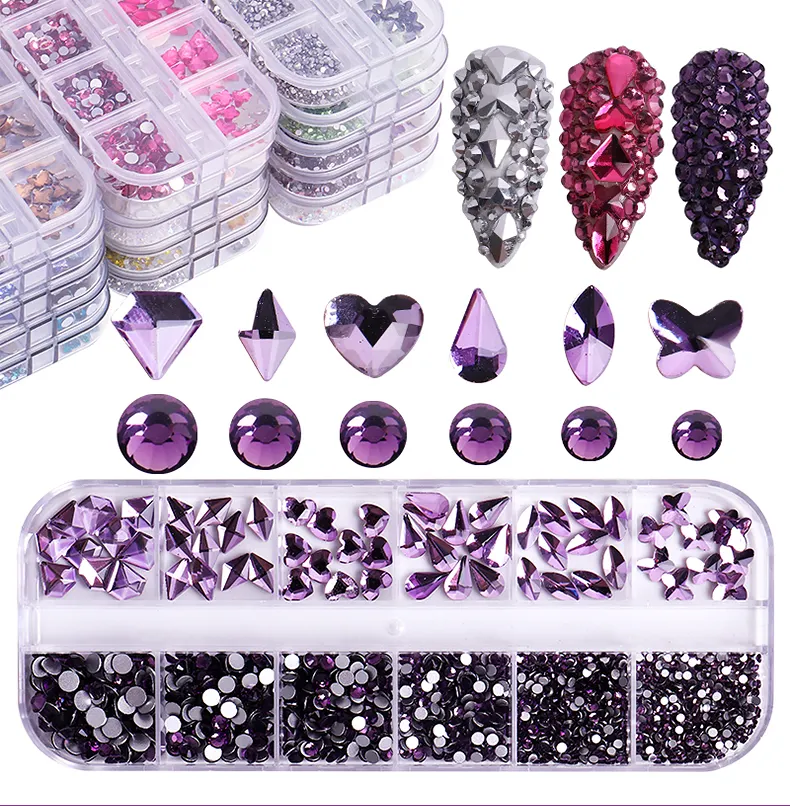 Yantuo sıcak satış 12 izgara karışık Flatback cam Rhinestone Ab renk elmas flaş cam Rhinestones Diy Nail Art