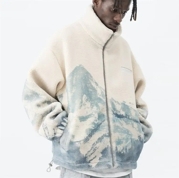 사용자 정의 겨울 100% 양모 모피 재킷 전면 인쇄 jaket 대형 sherpa 푹신한 양털 모직 재킷