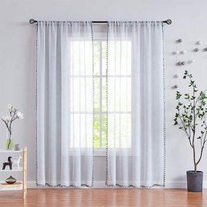 Lino Strutturato <span class=keywords><strong>Finestra</strong></span> <span class=keywords><strong>Tende</strong></span> Trasparenti con Pom Pom per la Camera Da Letto Soggiorno 54*96" - Product Image 5
