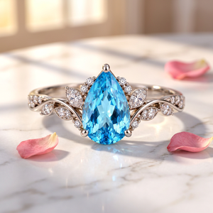 Bague de fiançailles en argent sterling 925 avec topaze bleue suisse taille poire et motif feuille de vigne, bijoux personnalisés en pierres précieuses, fabricant grossiste - Product Image 5