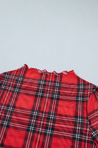 Wholesale New Hot Spring Autumn <strong>Women</strong> Plaid Print Long Sleeve Mock Neck <strong>Top</strong> Slim Fit Casual Pullover Mesh Layering Base Blouse - Product Image 4