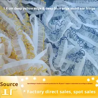 0203/1.8 Dentelle élastique brodée en textile jaune foncé et bleu, bord festonné, design original, pour col de vêtement et robe DIY, faite à la main