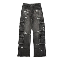 Utility-Pockets Distressed Parachute Denim Hose Loose Fit Jeans in Washed Black Cargo Baggy Fit für Herren