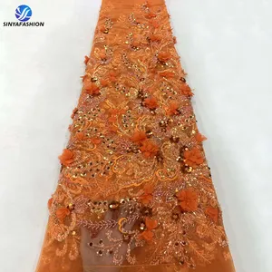 Sinya 3D 꽃 스팽글 페르시 얇은 명주 그물 레이스 패브릭 자수 레이스 새로운 디자인 스팽글 프랑스 레이스 파티 드레스