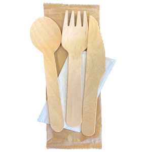 Ensemble de couverts en bois de bouleau, fourchette, couteau, cuillère avec serviette, emballé dans du papier brun BIS, 500 pièces, ustensiles jetables - Product Image 1