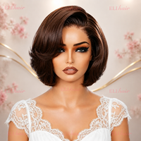 Perruque Bob 4x4 en cheveux humains, pré-coupée, sans colle, avec fermeture en dentelle, 8-10 pouces, cheveux courts, raie en C, noire naturelle, avec ligne de cheveux pré-épilée