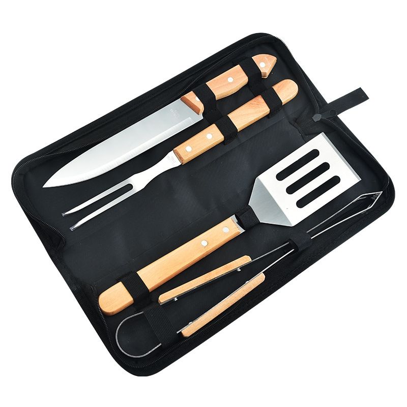 Set da Barbecue con manico in legno da 4 pezzi Set di attrezzi per Barbecue combinazione di strumenti per Barbecue accessori per grigliare con borsa in Nylon