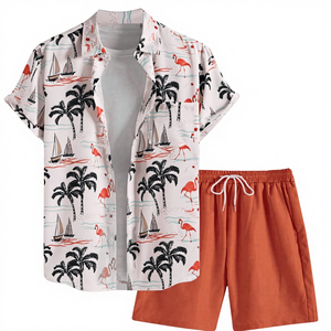 เสื้อเชิ้ตฤดูร้อนลำลองพิมพ์ลาย 3 มิติรูปเรือใบชายหาดต้นปาล์ม กระดุมแถวเดียว ผ้าถัก บริการ OEM - Product Image 3