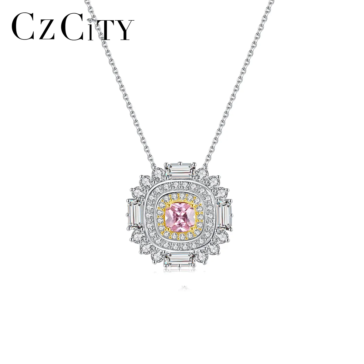 CZCITY Silver 2021 Unique Jewellery Link Chain Woman Pink Diamond Zircon Pendant Stone Necklace