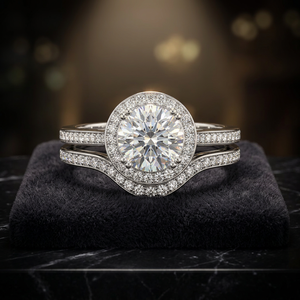 Ensemble de bagues de mariage avec halo de diamants cultivés en laboratoire certifiés IGI, alliance assortie incurvée, plaqué rhodium, or 10K 14K 18K, argent 925 935 - Product Image 1