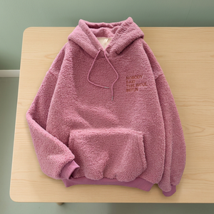 Automne hiver XXL femmes pull nouveau épais chaud velours cachemire solide bleu à manches longues sweat à capuche ample décontracté hauts rose - Product Image 3