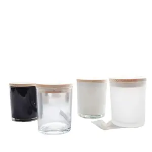 Vente en gros en usine de pots à bougies en verre givré 4oz 6oz 8oz 12oz Conteneur à bougie cylindrique à usage domestique avec couvercle en bois