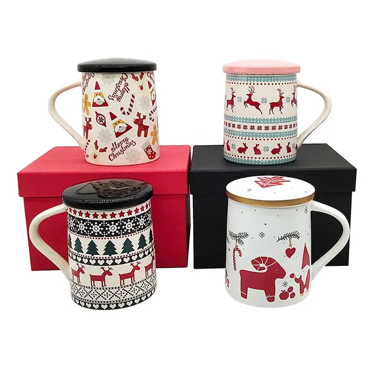 Tazas de café de cerámica, calcomanía de ciervo de Navidad, árbol de Navidad, taza de té de porcelana con tapa, gran oferta
