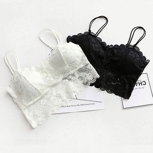 823 Women Floral Sweet Breathable Quick Dry <b>Woolen</b> Halter Neck Short Tank <b>Tops</b> Padded Chest Lace Bralette Front Logo Fitness - Product Image 2