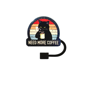 Cross-border straw <b>cap</b>, black cat fun text <b>dust</b> <b>cap</b>, beverage straw cover, sequined silicone, printable patterns. - Product Image 5