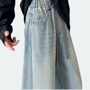 Jeans de Mezclilla Casuales de Corte Recto, Color Azul Claro Lavado, Estilo Vintage para Adolescentes y Adultos, Primavera 2026, Cintura Media, con Bordado - Product Image 3