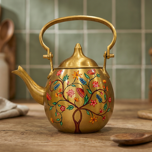 Théière en métal doré avec motif floral, style oriental, avec couvercle et poignée - Product Image 5