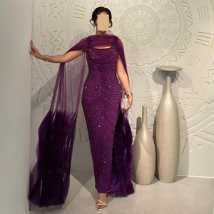 Abito da sera <span class=keywords><strong>viola</strong></span> di lusso su misura Serene Hill con perline e maniche a mantella, set due pezzi da donna - Product Image 4