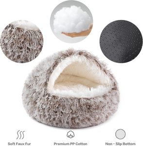 Wholesale 24-Inch Solid Luxury Faux Fur Fluffy Plush <b>Cave</b> Hooded Cat <b>Bed</b> CE Certified Sustainable Comfortable Washable Indoor - Product Image 2