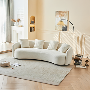 Modern Curved Wooden Frame Modular Sectional Cushion Back Teddy Fabric White <b>Sofa</b> Set Oval Upholstered 4 <b>Pillows</b> Living Room - Product Image 1