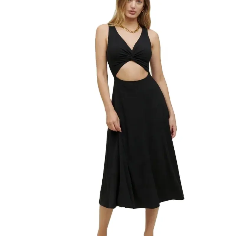 2022 Fashion Factory Customized Women's Summer Dress Sleeveless V-Neck Black Navel Pleated Women Midi Dress