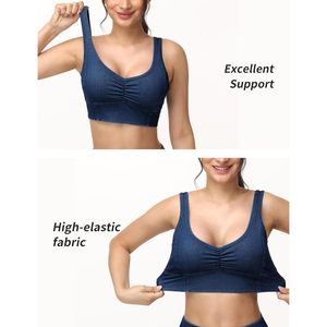 Soutien-gorge de sport long en denim froncé pour femme, col en V, rembourré, respirant, pour le fitness - Product Image 6
