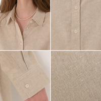 Produsen Kemeja Linen Wanita Kustom Ukuran Besar Lengan Panjang Kancing Depan Warna Beige Grosir OEM Label Pribadi Ukuran Plus