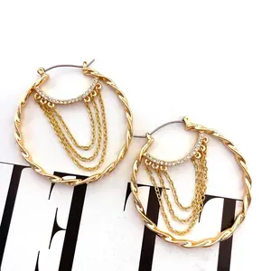 Camellia jewelry wholesale twist hoop diamond 18k gold plated chain earrings for women